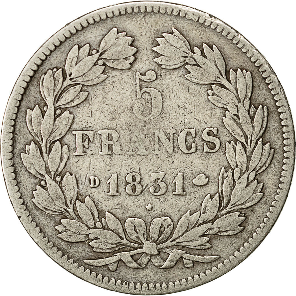 Moneda, Francia, Louis-Philippe, 5 Francs, 1831, Lyons, BC+, Plata, KM:744.2