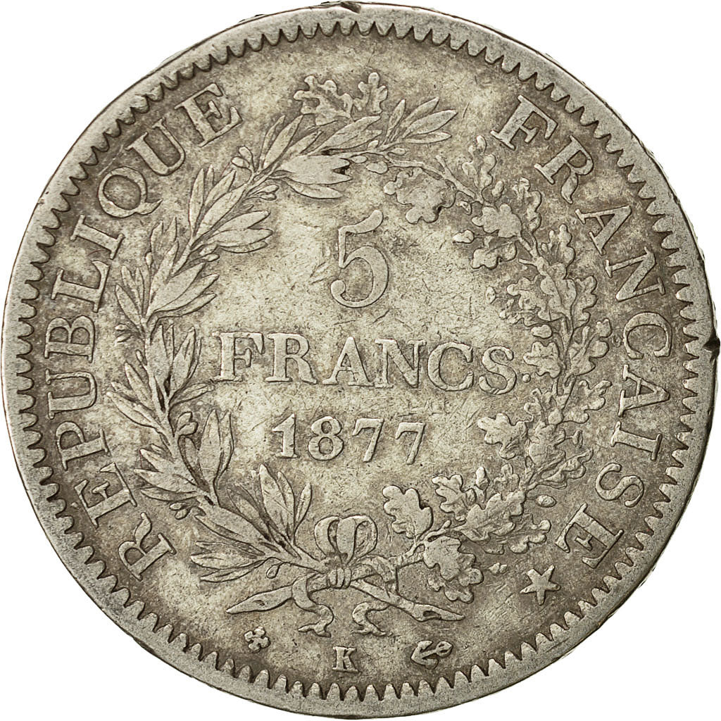Coin, France, Hercule, 5 Francs, 1877, Bordeaux, VF(30-35), Silver, KM:820.2