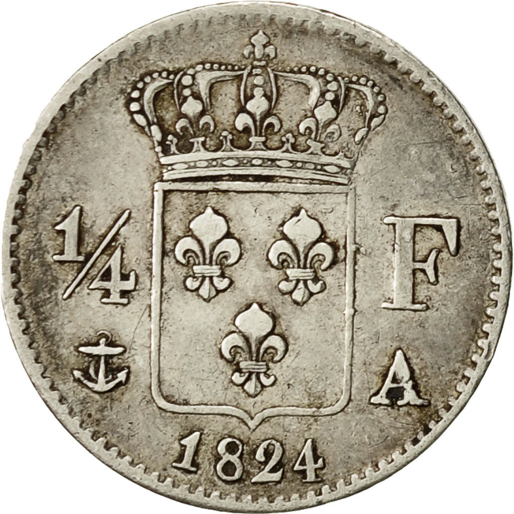 Moneda, Francia, Louis XVIII, Louis XVIII, 1/4 Franc, 1824, Paris, MBC+, Plata