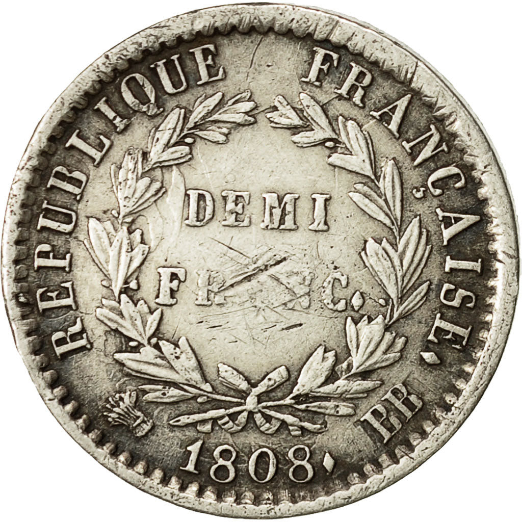 Coin, France, Napoléon I, 1/2 Franc, 1808, Strasbourg, EF(40-45), Silver