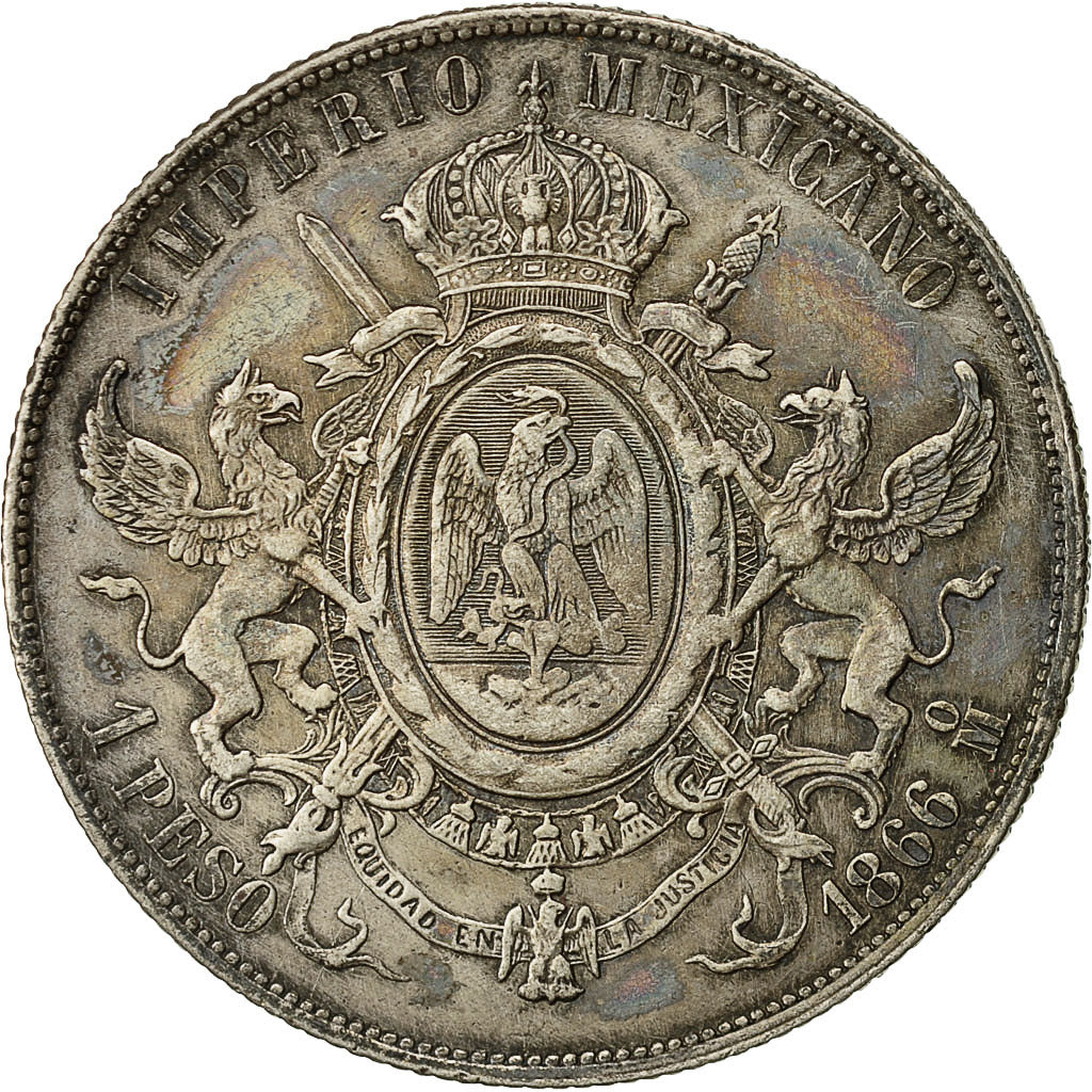 Coin, Mexico, Maximilian, Peso, 1866, Mexico City, AU(55-58), Silver, KM 388.1