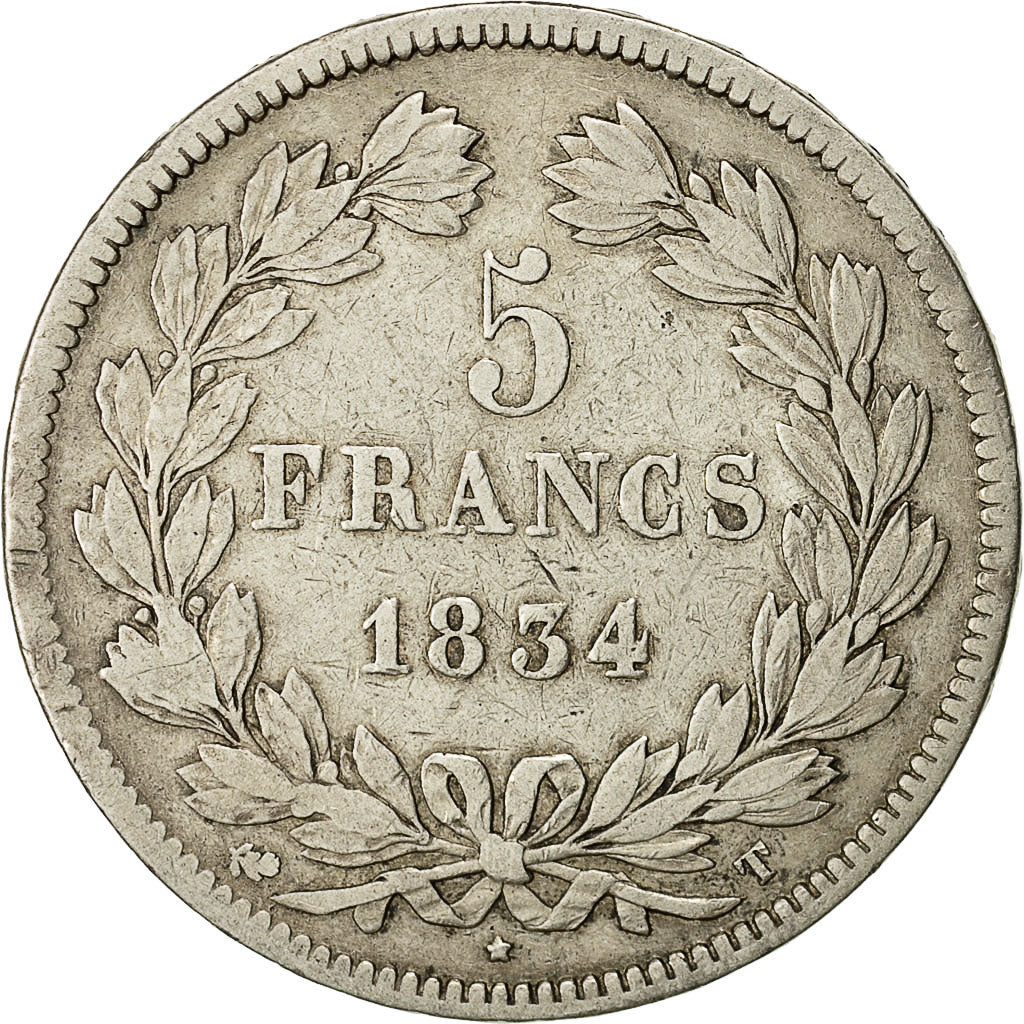Moneda, Francia, Louis-Philippe, 5 Francs, 1834, Nantes, BC+, Plata, KM:749.12