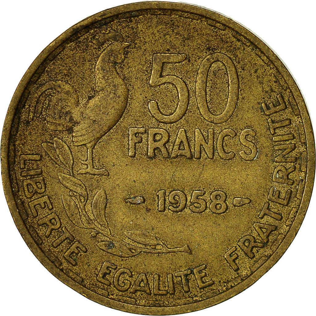 Moneda, Francia, Guiraud, 50 Francs, 1958, Paris, BC+, Aluminio - bronce