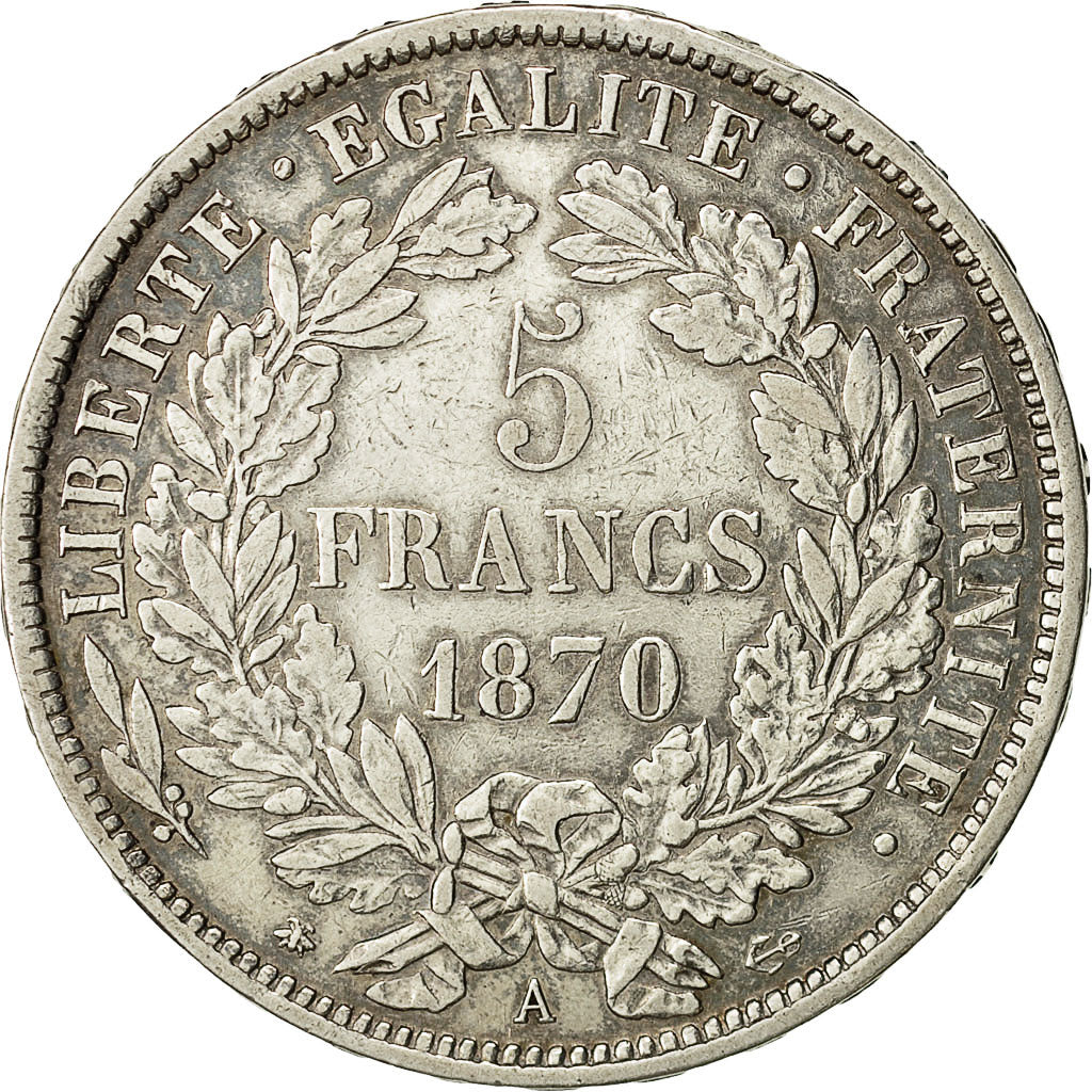 Moneta, Francja, Cérès, 5 Francs, 1870, Paris, AU(50-53), Srebro, KM:819