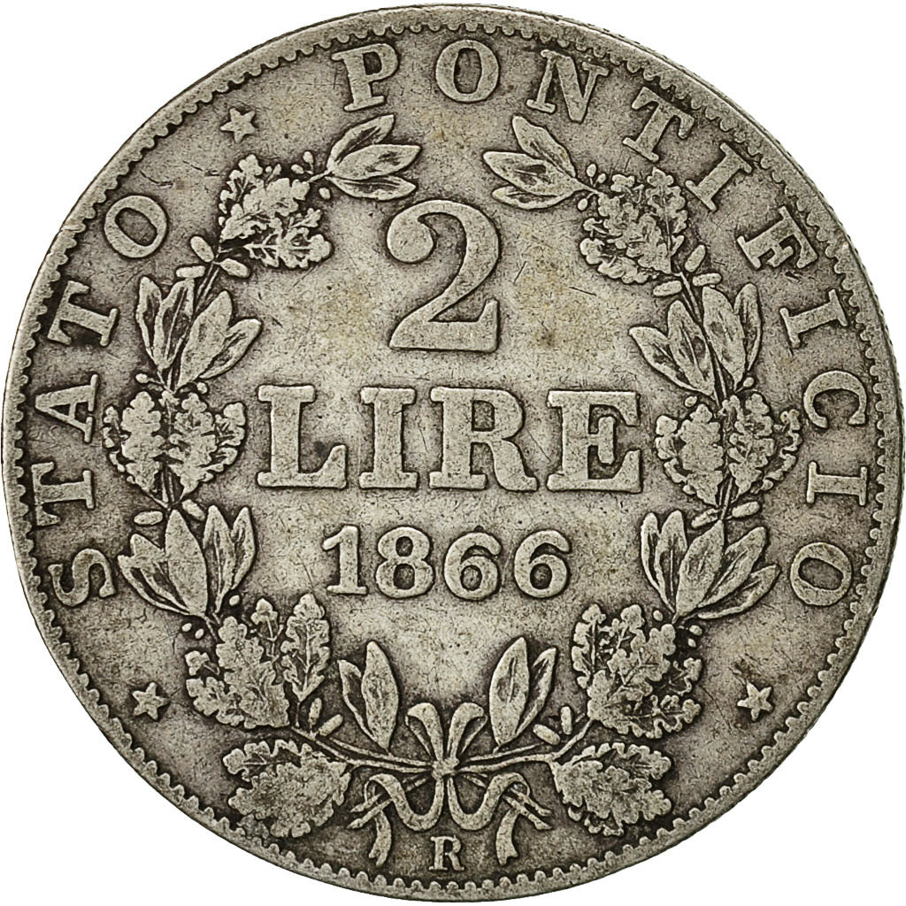 Coin, Vatican, Pius IX, 2 Lire, 1866, Rome, VF(30-35), Silver, KM 1379.2