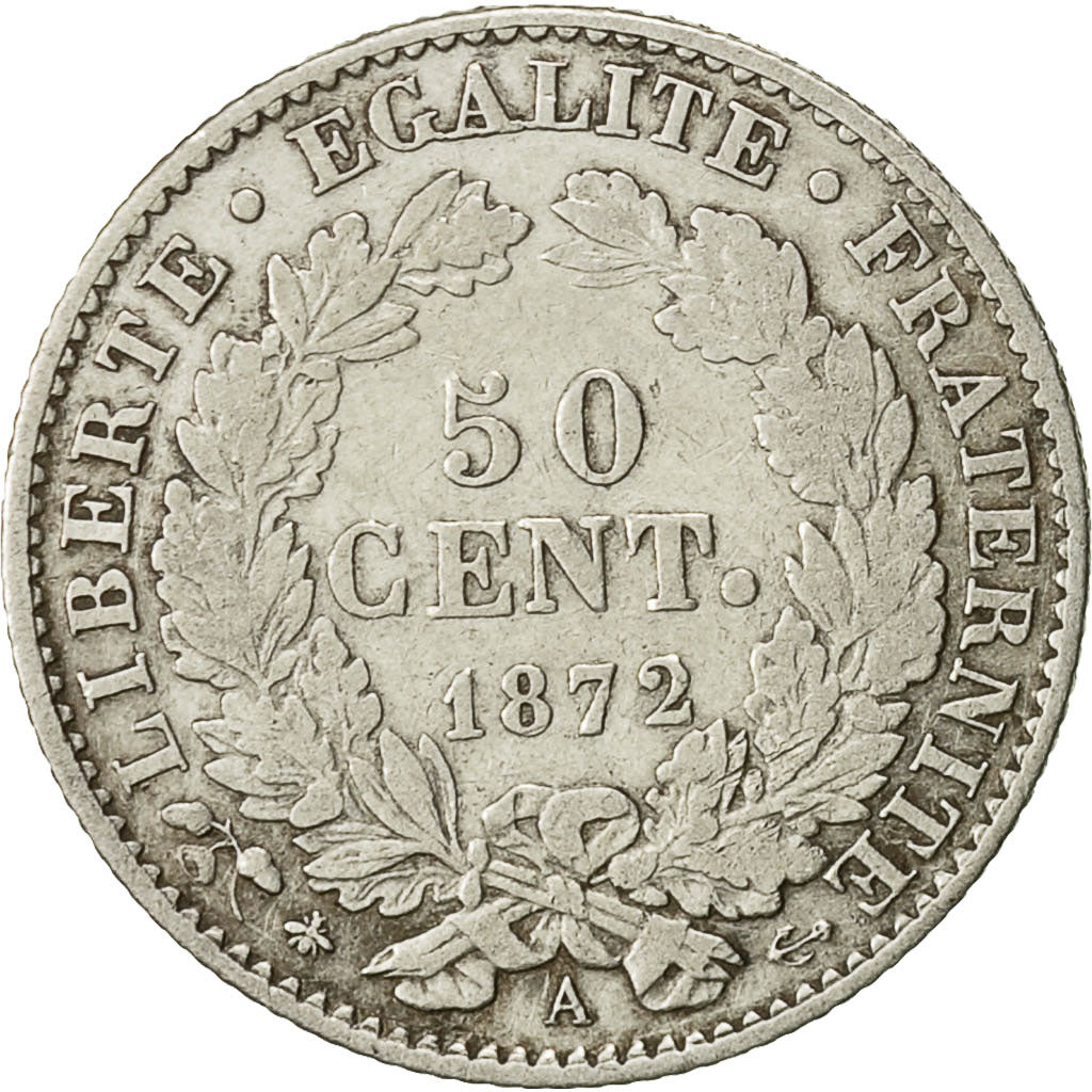 Moneta, Francia, Cérès, 50 Centimes, 1872, Paris, BB, Argento, KM:834.1