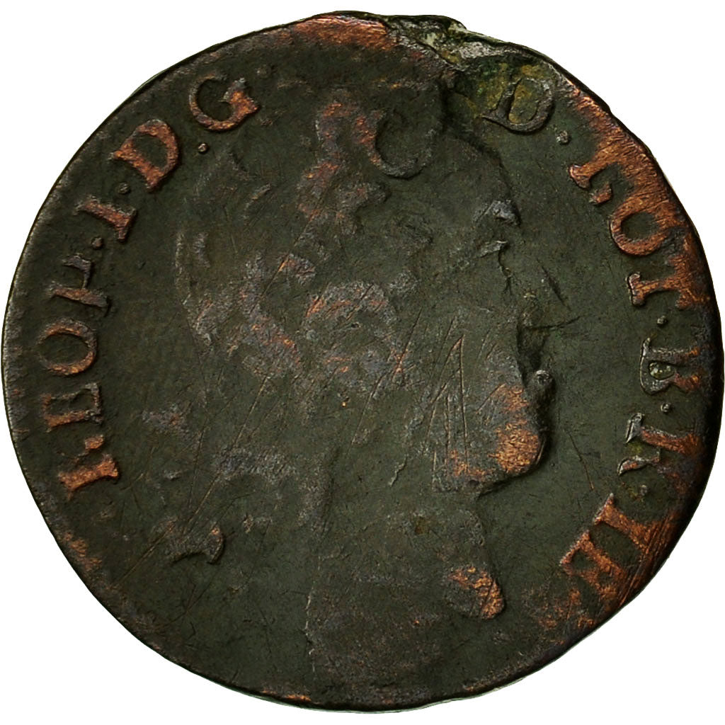 Coin, France, LORRAINE, Leopold I, Liard, 1728, Nancy, VF(30-35), Copper