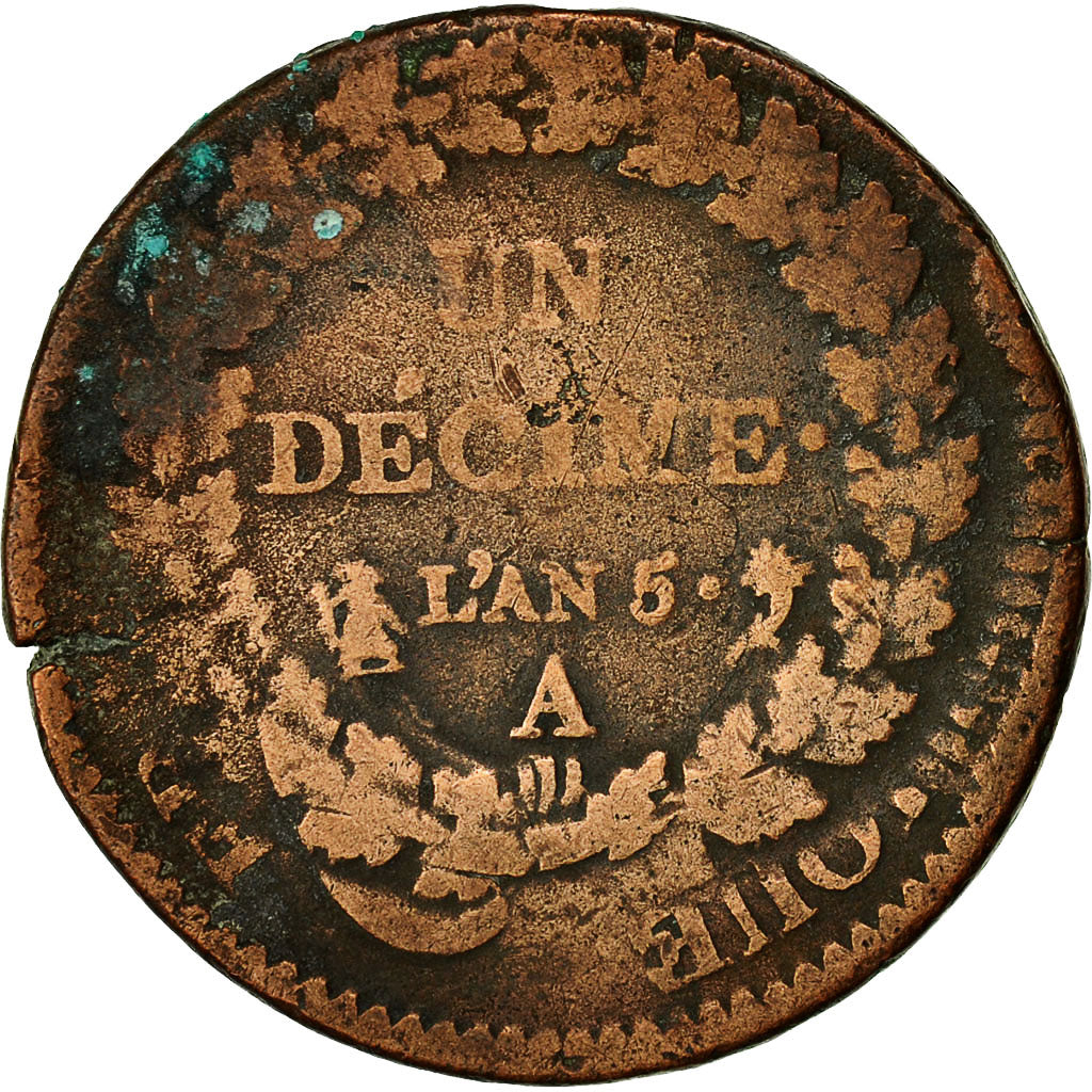Coin, France, Dupré, Refrappe du Decime, 1796, Paris, VF(20-25), Bronze,KM 645.1
