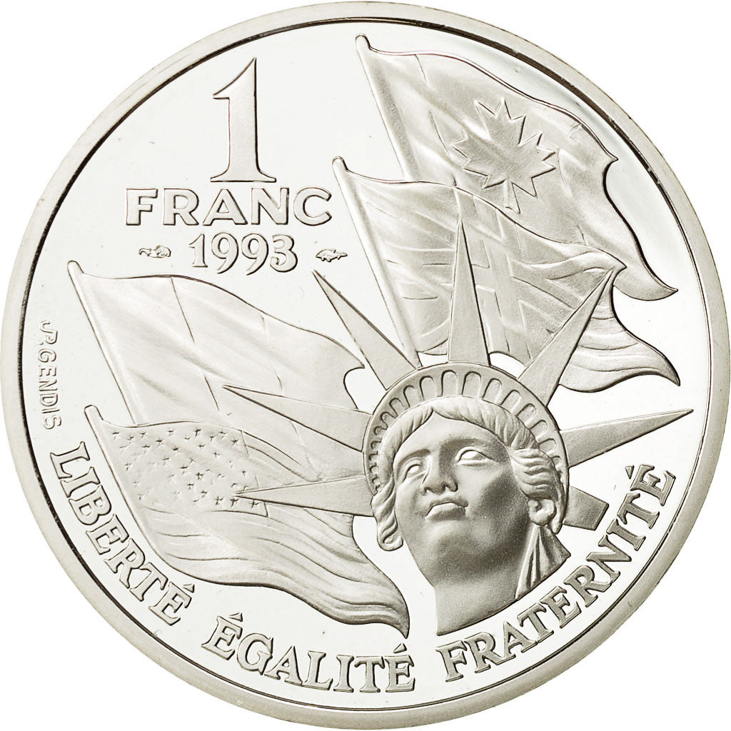 Coin, France, 1 Franc D Day, 1993, MS(65-70), Silver, KM 1014