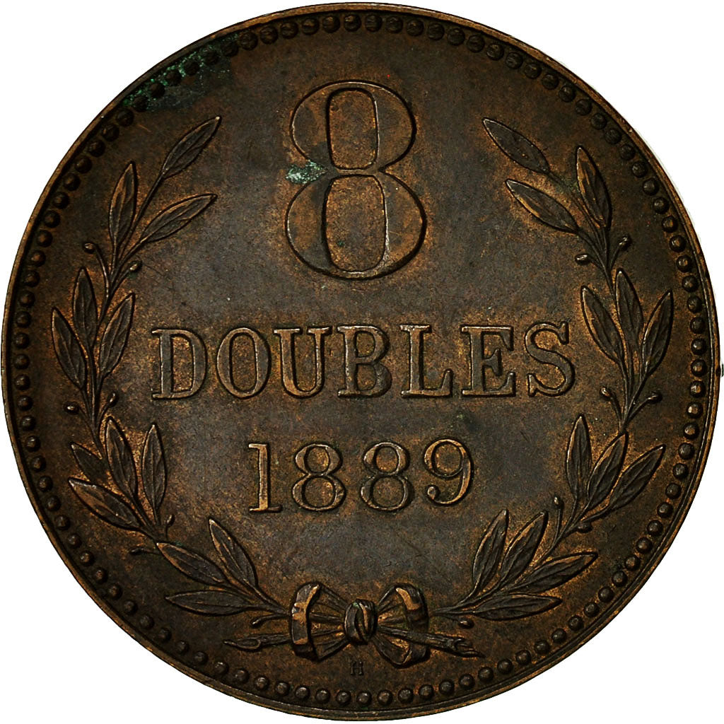 Coin, Guernsey, 8 Doubles, 1889, Heaton, EF(40-45), Bronze, KM 7