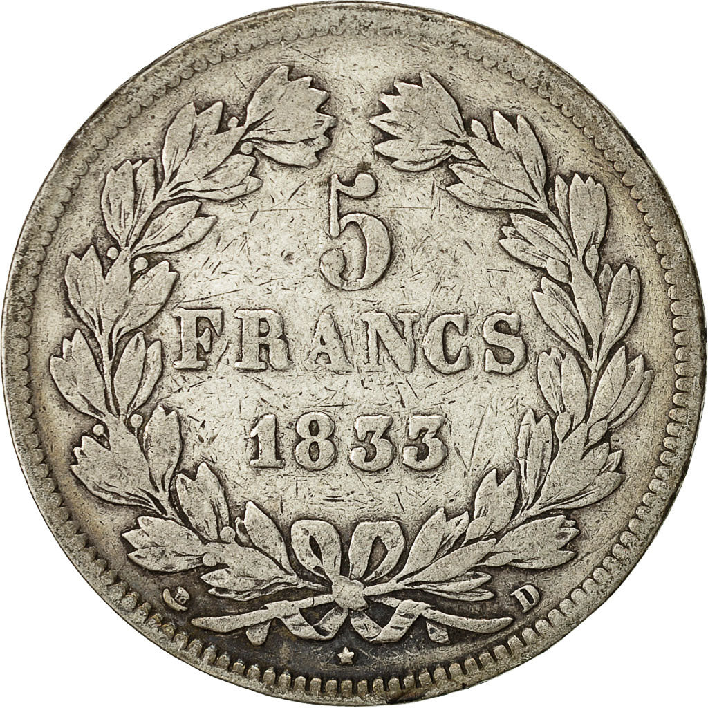 Coin, France, Louis-Philippe, 5 Francs, 1833, Lyons, VF(20-25), Silver