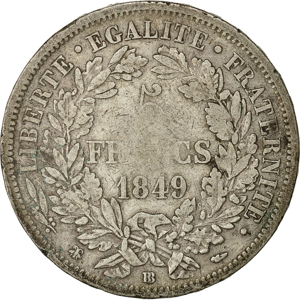 Moneda, Francia, Cérès, 5 Francs, 1849, Strasbourg, BC+, Plata, KM:761.2