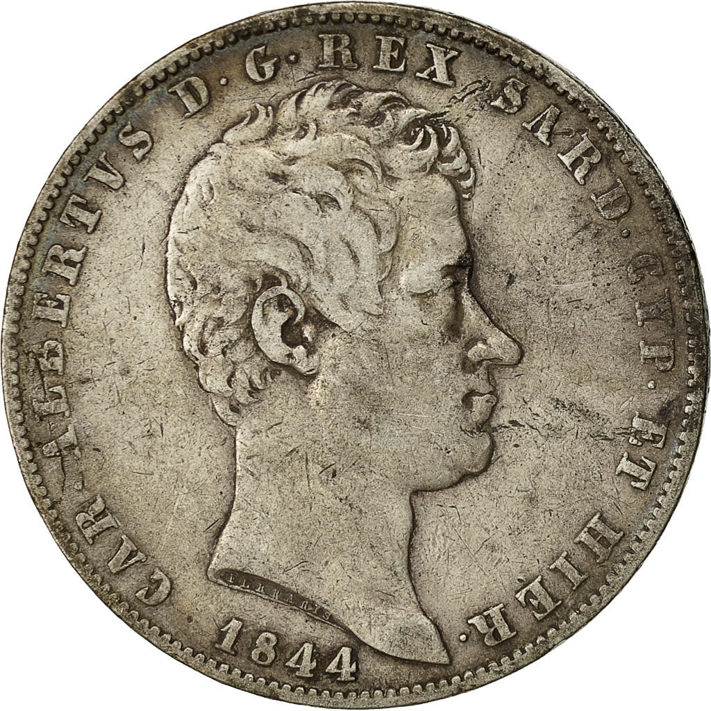 Münze, Italien Staaten, SARDINIA, Carlo Alberto, 5 Lire, 1844, Genoa, S+