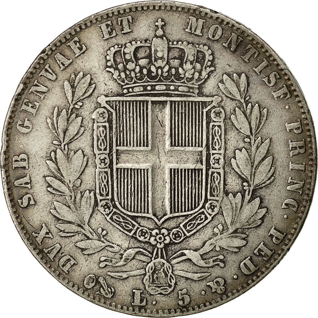 Münze, Italien Staaten, SARDINIA, Carlo Alberto, 5 Lire, 1844, Genoa, S+