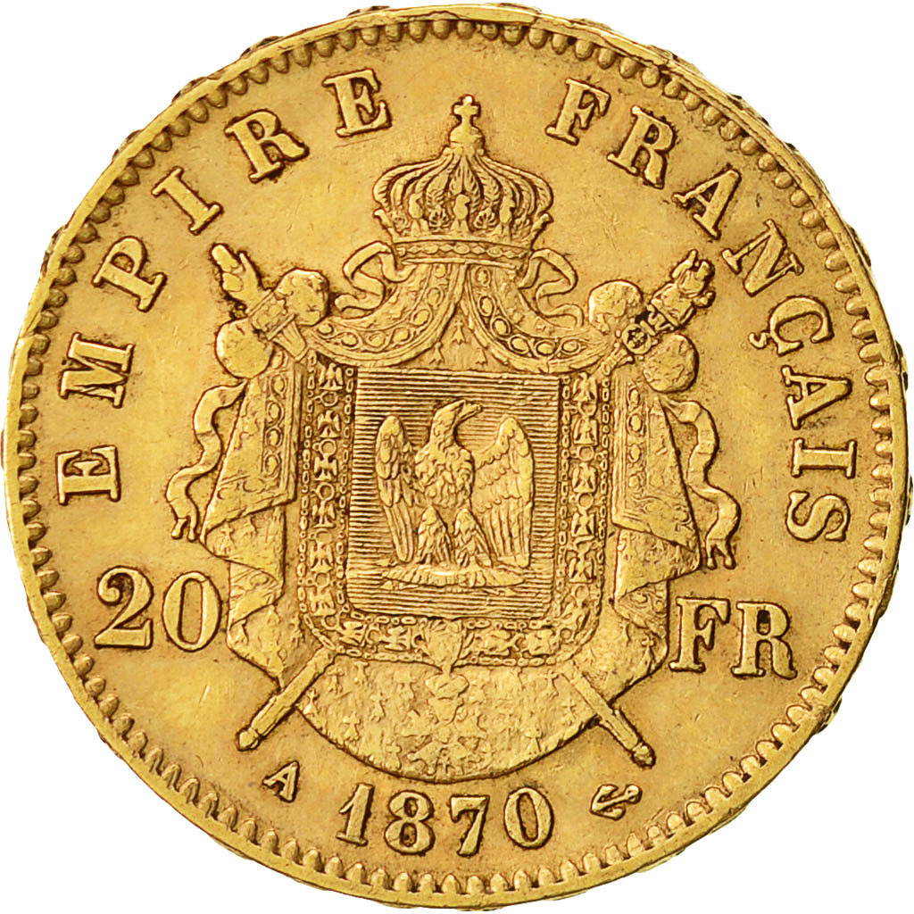 Moneta, Francia, Napoleon III, Napoléon III, 20 Francs, 1870, Paris, BB+, Oro