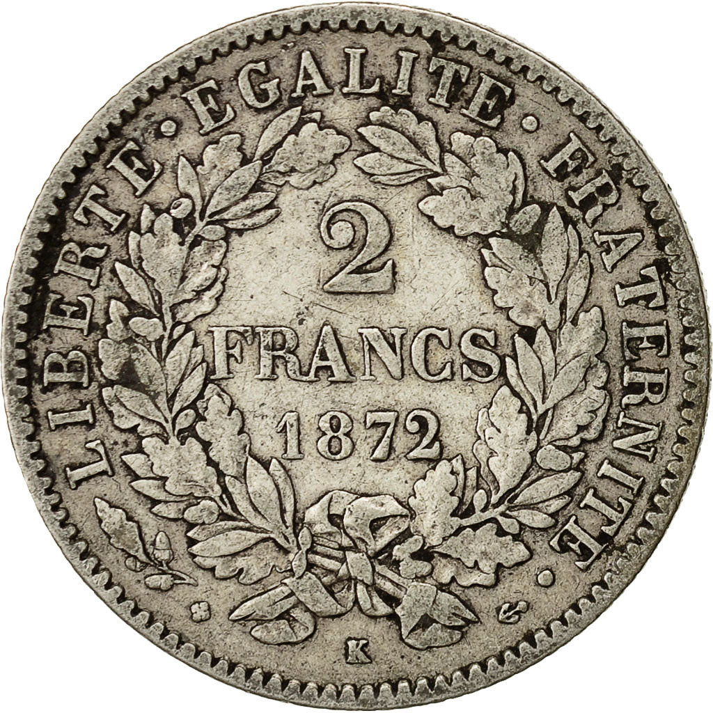 Moneta, Francja, Cérès, 2 Francs, 1872, Bordeaux, EF(40-45), Srebro, KM:817.2