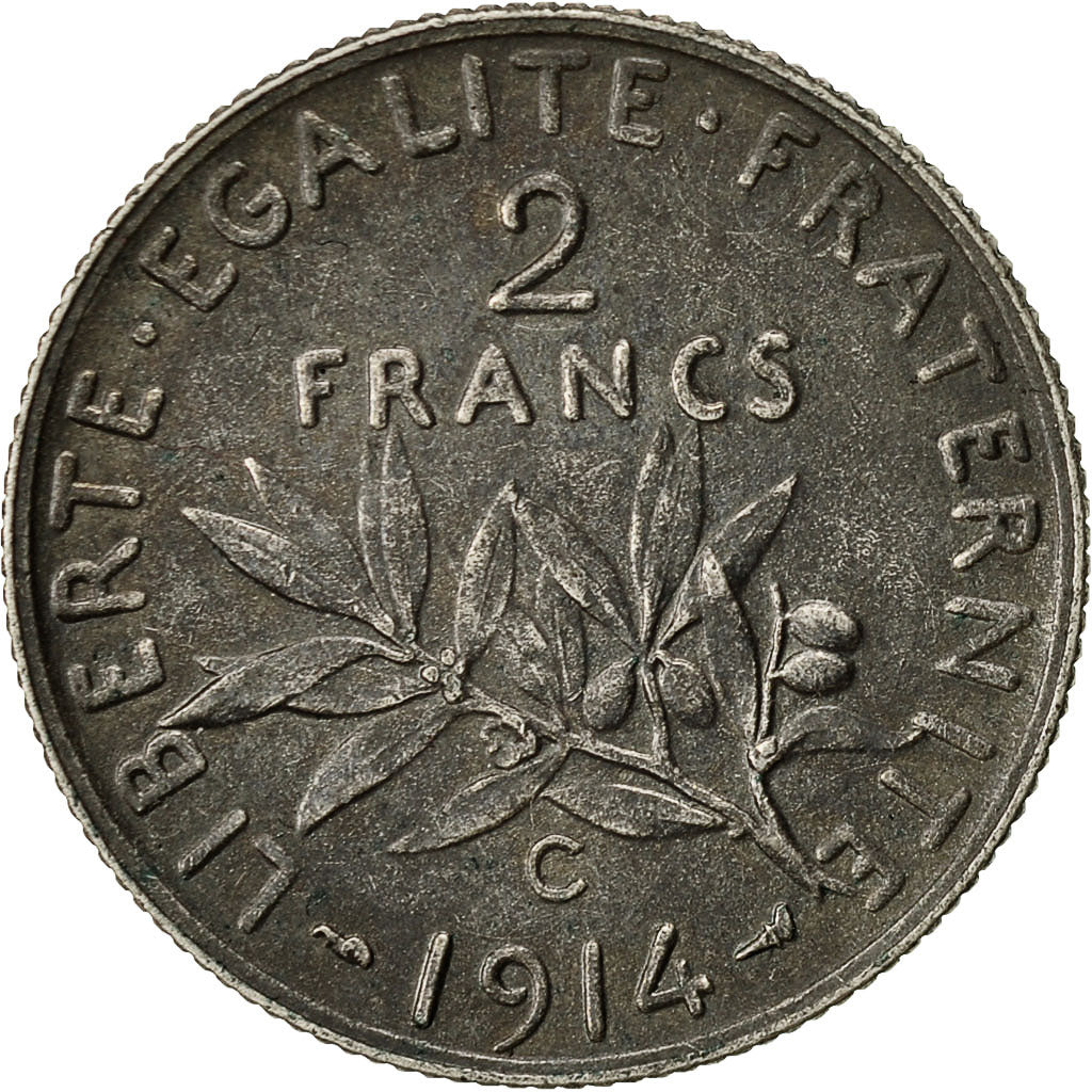 Coin, France, Semeuse, 2 Francs, 1914, Castelsarrasin, AU(55-58), Silver