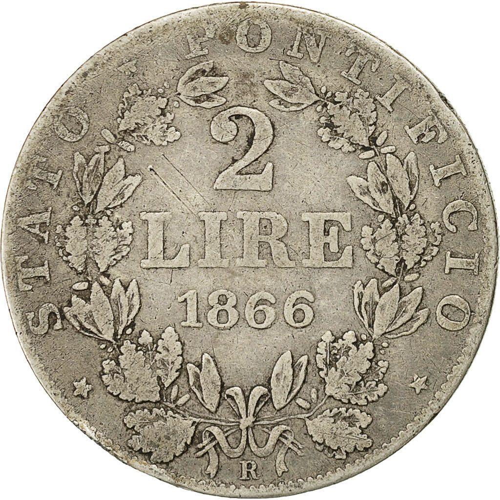 Coin, Vatican, Pius IX, 2 Lire, 1866, Rome, VF(20-25), Silver, KM 1379.2