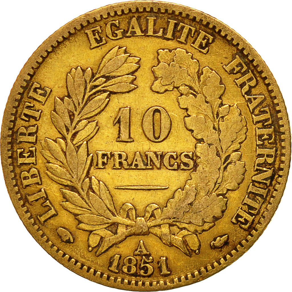 Moneta, Francia, Cérès, 10 Francs, 1851, Paris, MB+, Oro, KM:770, Gadoury:1012