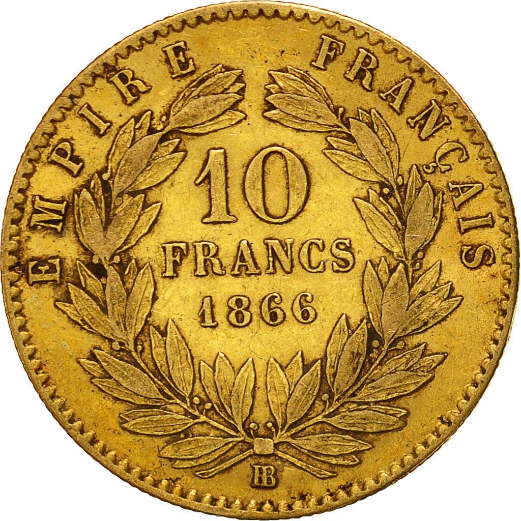 Coin, France, Napoleon III, 10 Francs, 1866, Strasbourg, EF(40-45), Gold