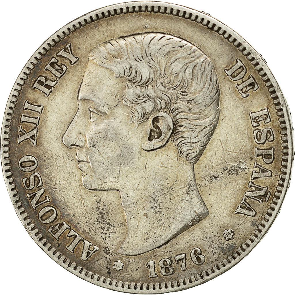 Coin, Spain, Alfonso XII, 5 Pesetas, 1876, Madrid, EF(40-45), Silver, KM:671