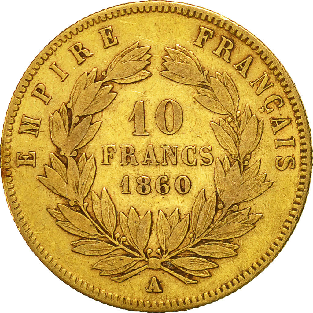 Moneda, Francia, Napoleon III, Napoléon III, 10 Francs, 1860, Paris, BC+, Oro