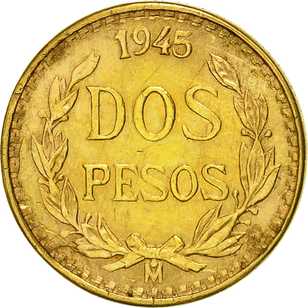 Coin, Mexico, 2 Pesos, 1945, Mexico City, AU(50-53), Gold, KM:461