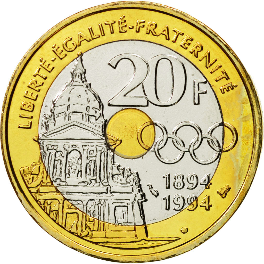 Coin, France, Pierre de Coubertin, 20 Francs, 1994, Pessac, ESSAI, MS(63)