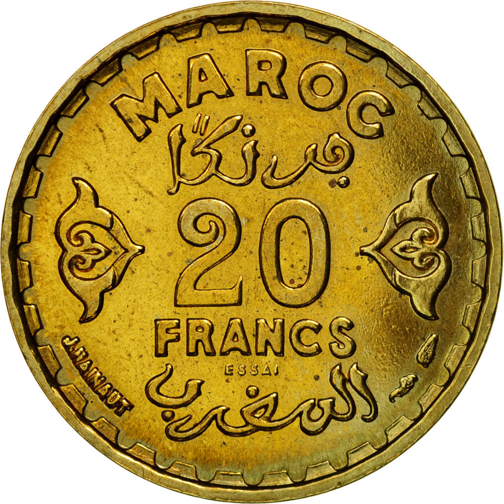 Coin, Morocco, 20 Francs, 1371/1952, Paris, ESSAI, MS(64), Aluminum-Bronze