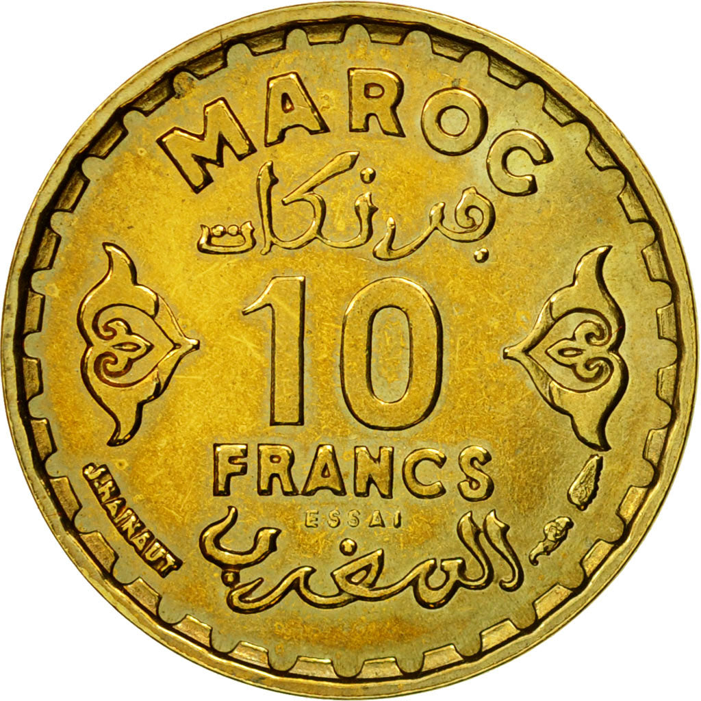 Coin, Morocco, 10 Francs, 1371/1952, Paris, ESSAI, MS(64), Aluminum-Bronze