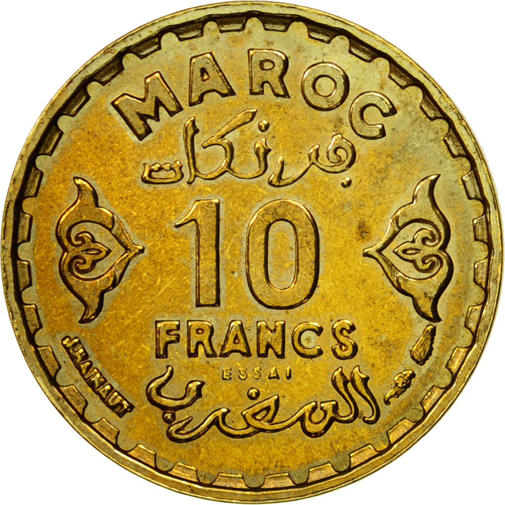 Moneta, Marocco, 10 Francs, AH 1371/1952, Paris, ESSAI, SPL, Alluminio-bronzo