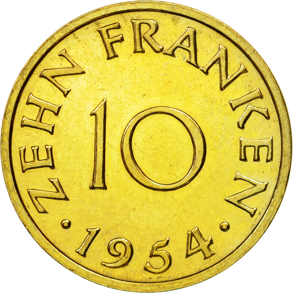 Coin, SAARLAND, 10 Franken, 1954, Paris, ESSAI, MS(60-62), Aluminum-Bronze