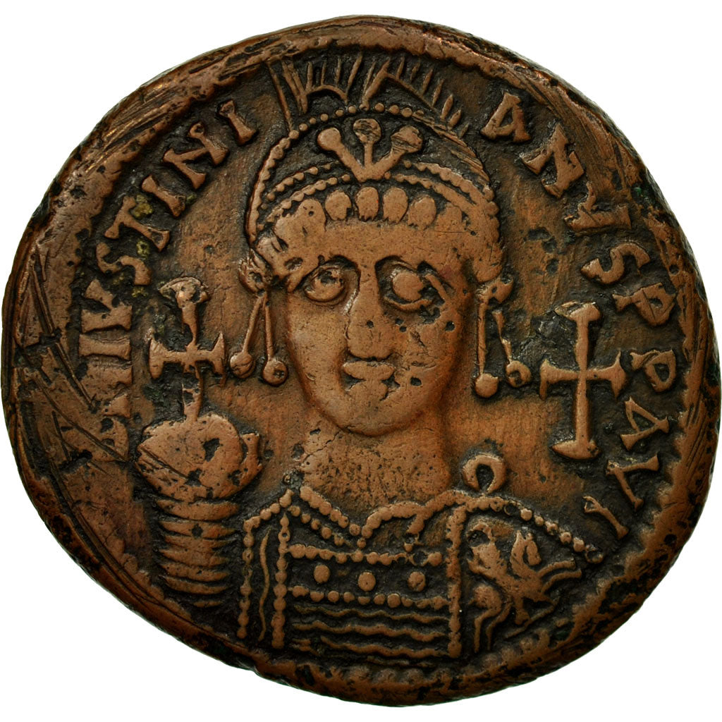 Moneda, Justinian I, Follis, RY 13 (AD 539/40), Antioch, MBC+, Cobre, Sear:218