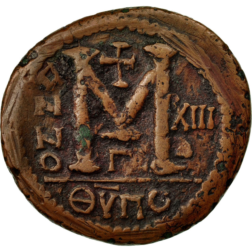 Moneda, Justinian I, Follis, RY 13 (AD 539/40), Antioch, MBC+, Cobre, Sear:218