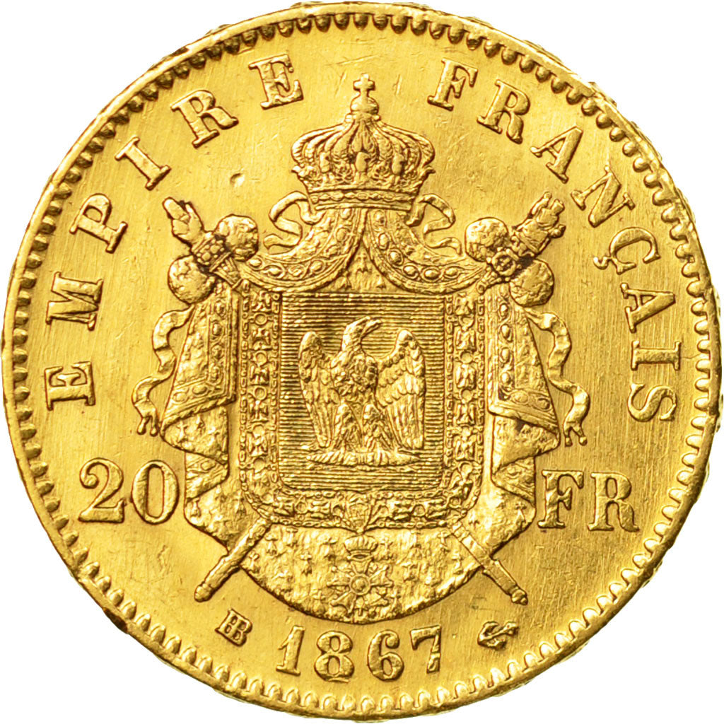 Coin, France, Napoleon III, 20 Francs, 1867, Strasbourg, AU(55-58), Gold