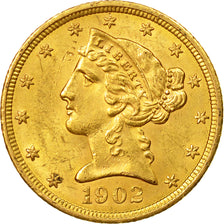 Coin, United States, 5 Dollars Coronet Head, 1902, Philadelphia, MS(60-62), Gold