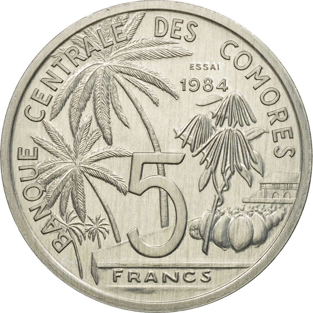 Coin, Comoros, 5 Francs, 1984, Paris, ESSAI, MS(65-70), Aluminium, KM:E9