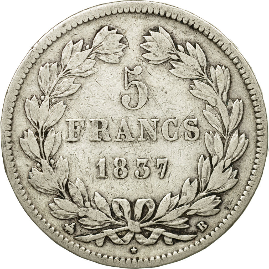 Moneta, Francia, Louis-Philippe, 5 Francs, 1837, Rouen, BB, Argento, KM:749.2