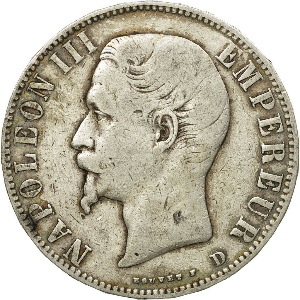 Moneda, Francia, Napoleon III, Napoléon III, 5 Francs, 1855, Lyons, BC+, Plata