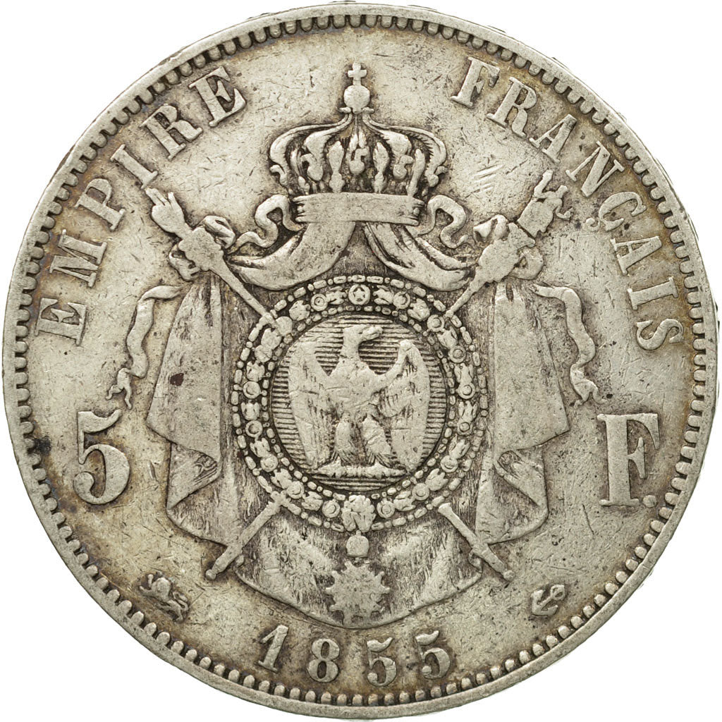 Moneda, Francia, Napoleon III, Napoléon III, 5 Francs, 1855, Lyons, BC+, Plata