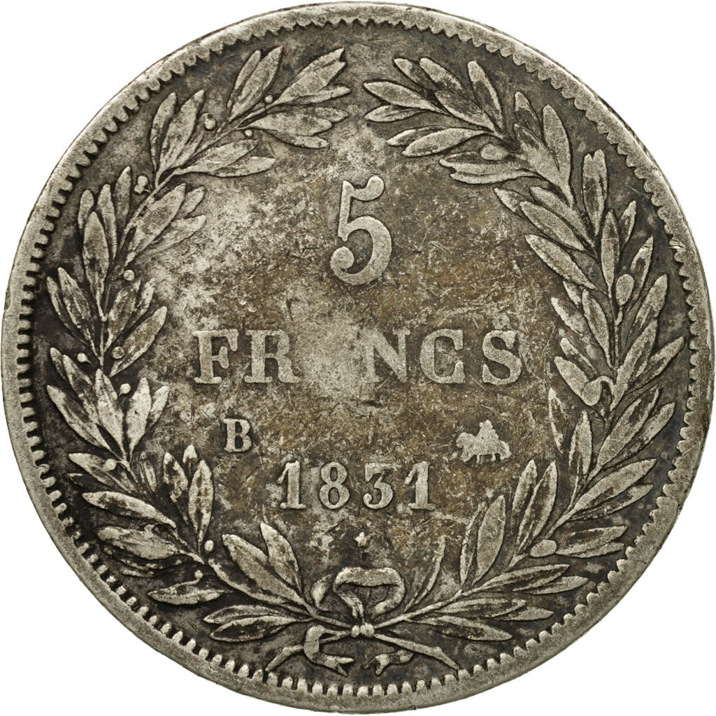Moneda, Francia, Louis-Philippe, 5 Francs, 1831, Rouen, BC+, Plata, KM:735.2