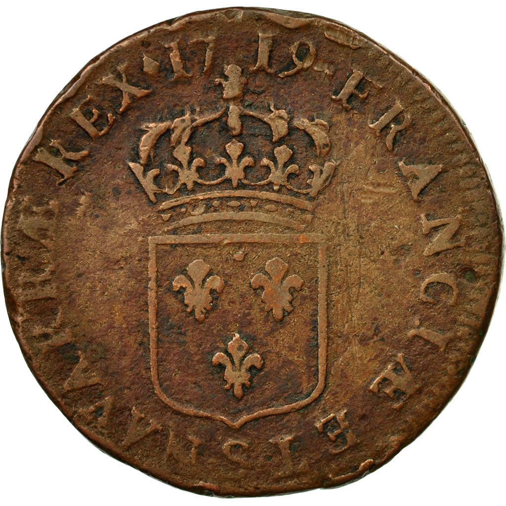 Coin, France, Louis XV, Sol au buste enfantin, 1719, Reims, VF(30-35)