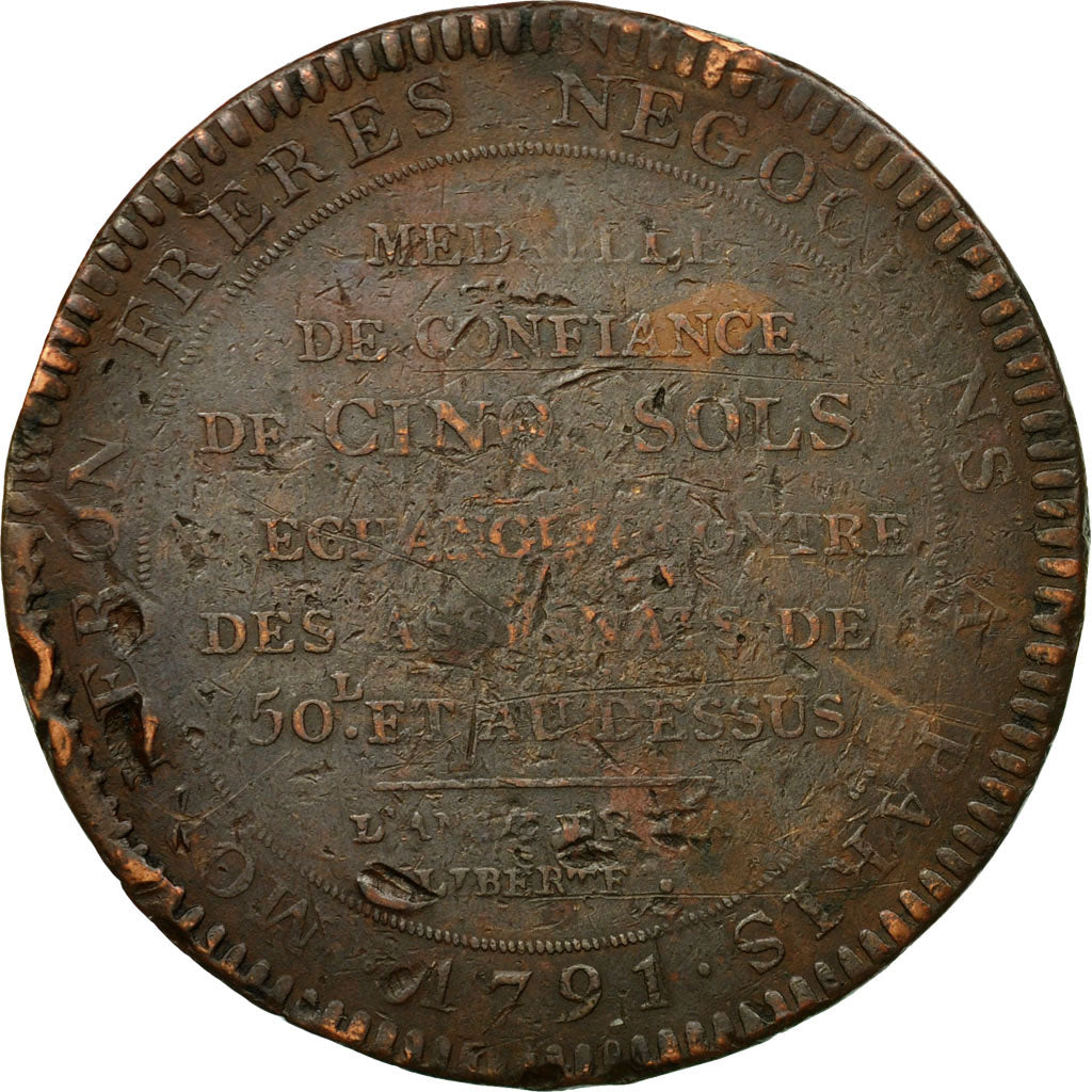 Münze, Frankreich, Monneron au Serment, 5 Sols, 1791, S+, Bronze, KM:Tn29