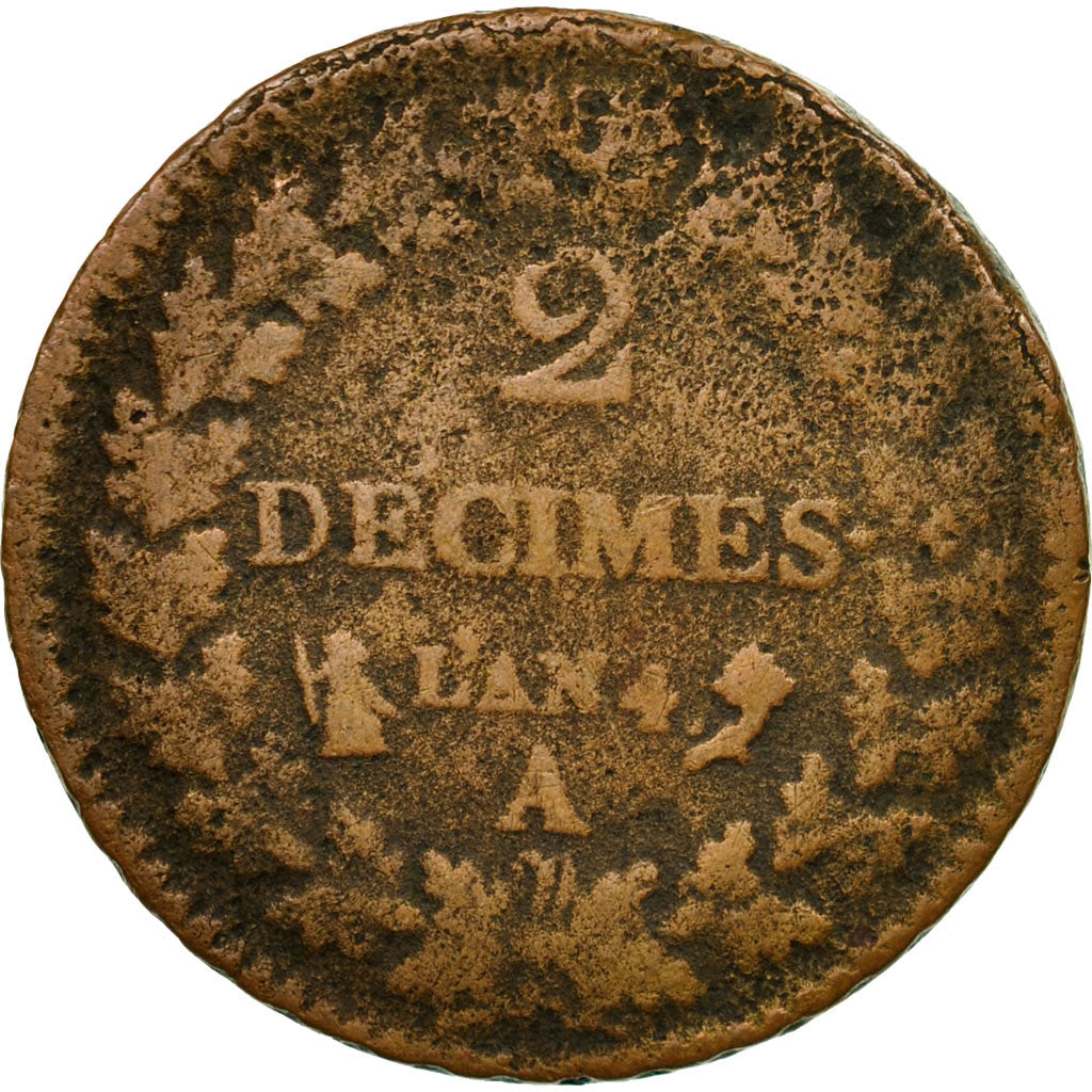 Coin, France, Dupré, 2 Décimes, AN 4, Paris, VF(20-25), Bronze, KM:638.1
