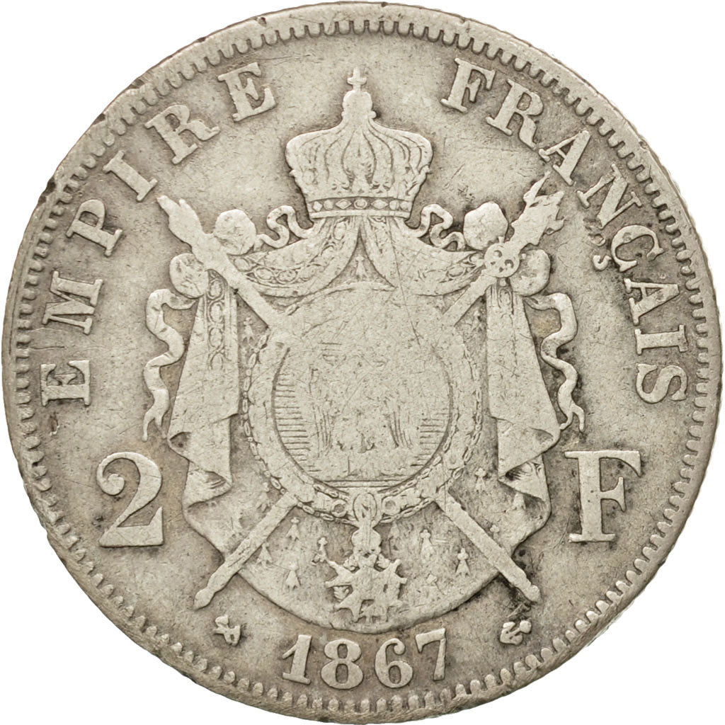 Coin, France, Napoleon III, 2 Francs, 1867, Bordeaux, VF(20-25), Silver