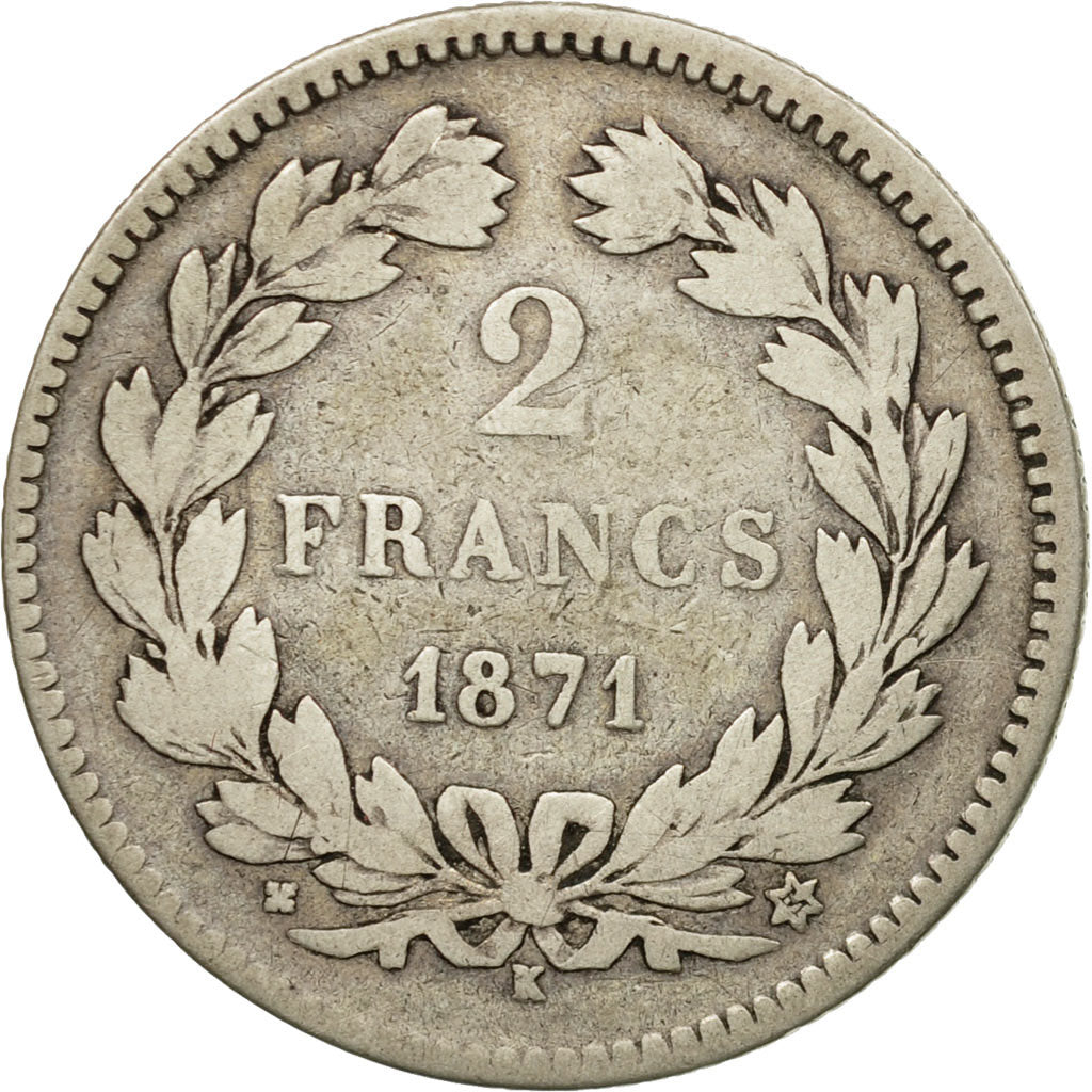 Moneda, Francia, Cérès, 2 Francs, 1871, Bordeaux, BC+, Plata, KM:816.2