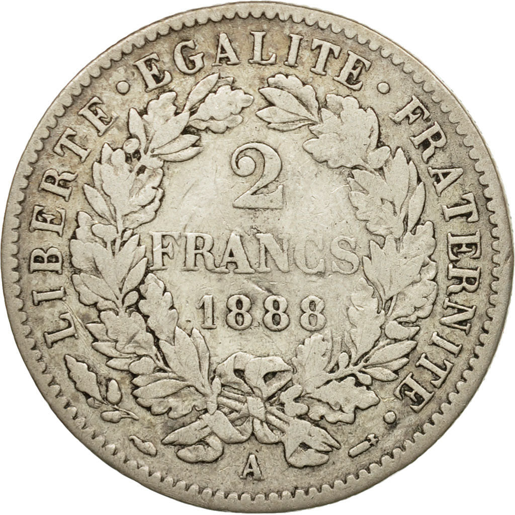 Coin, France, Cérès, 2 Francs, 1888, Paris, VF(30-35), Silver, KM:817.1