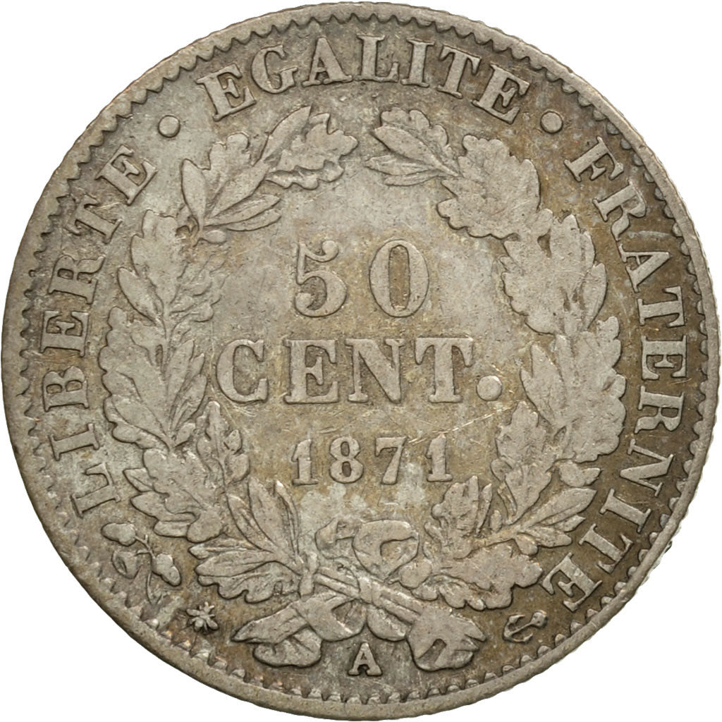 Moneta, Francja, Cérès, 50 Centimes, 1871, Paris, AU(50-53), Srebro, KM:834.1