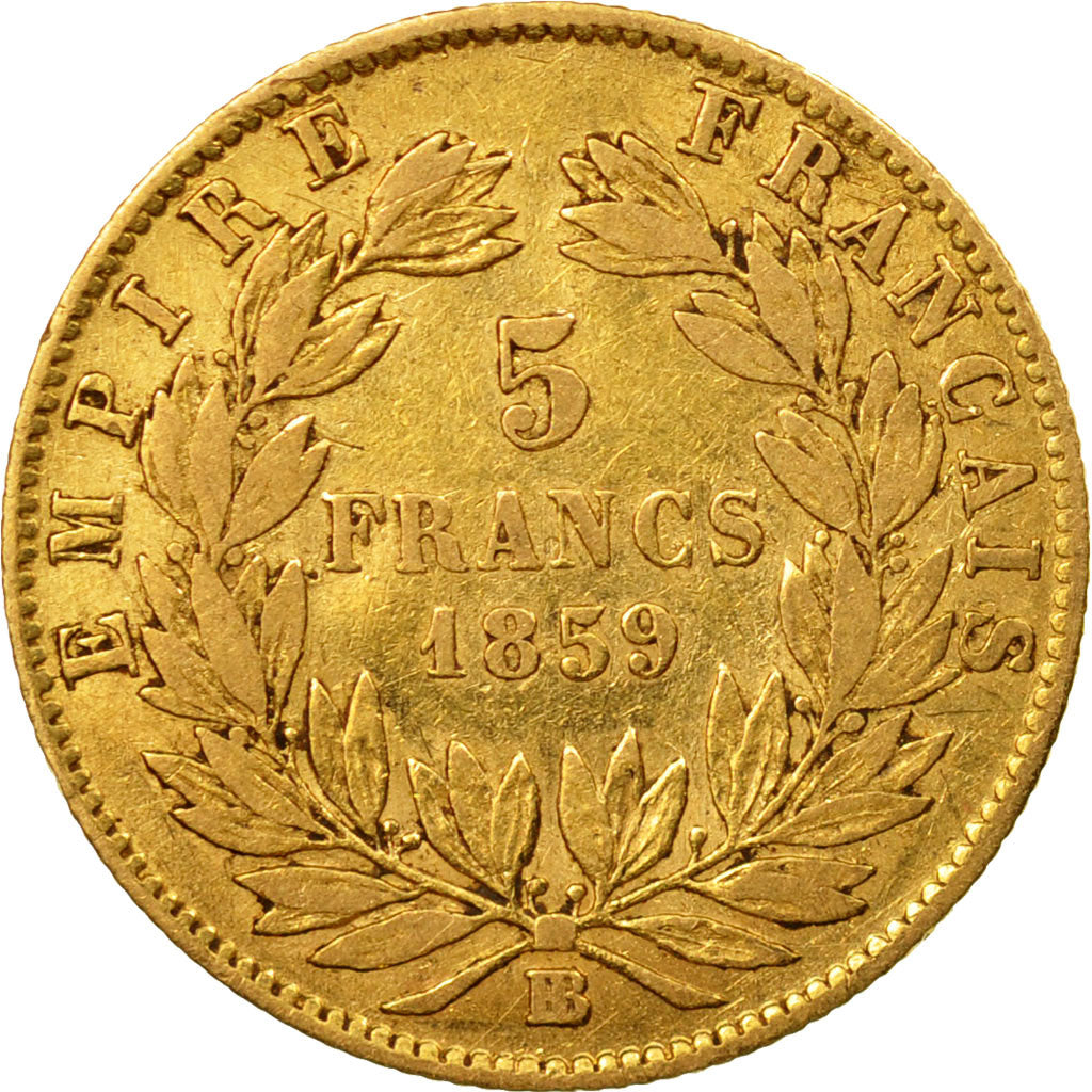 Moneda, Francia, Napoleon III, Napoléon III, 5 Francs, 1859, Strasbourg, BC+