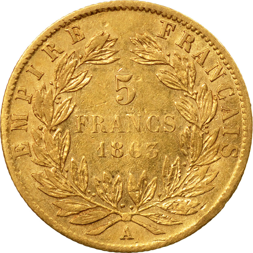 Coin, France, Napoleon III, 5 Francs, 1863, Paris, VF(20-25), Gold